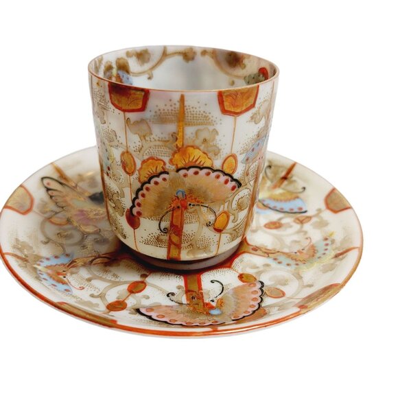 Vintage 1930s Butterfly Teacup & Saucer Set Japanese Eggshell Porcelain Miniatur - Picture 3 of 14